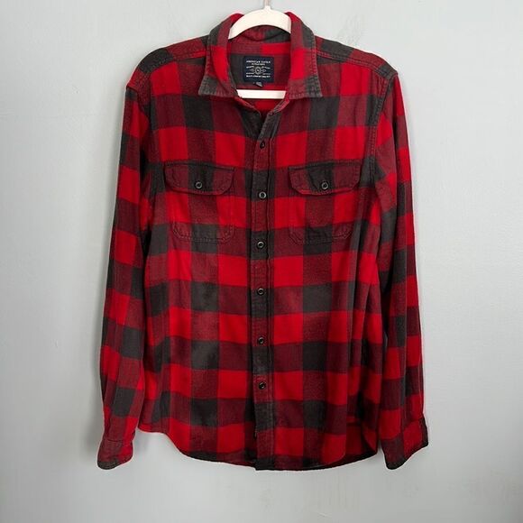 American eagle men’s red and black thick flannel shirt size medium - Picture 1 of 9